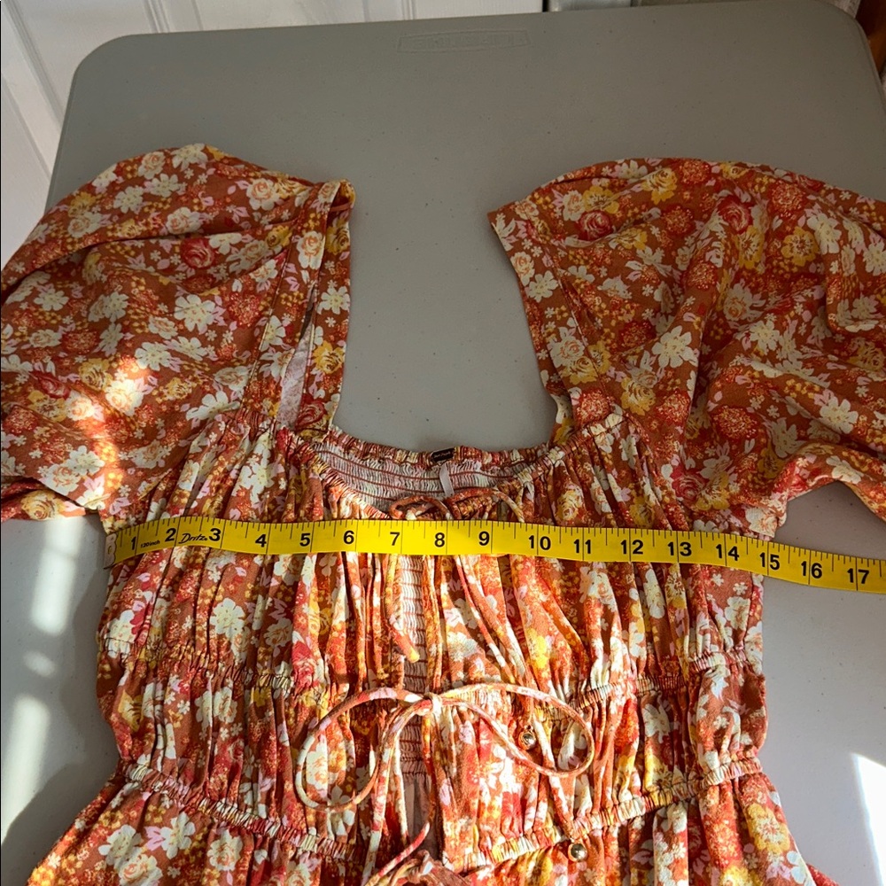 Free People Orange & Cream Smocked Romper Size Medium - Picture 10 of 16
